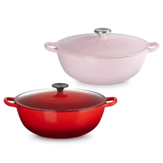 【Le Creuset】琺瑯鑄鐵鍋媽咪鍋28cm(雪紡粉/櫻桃紅 2色選1)