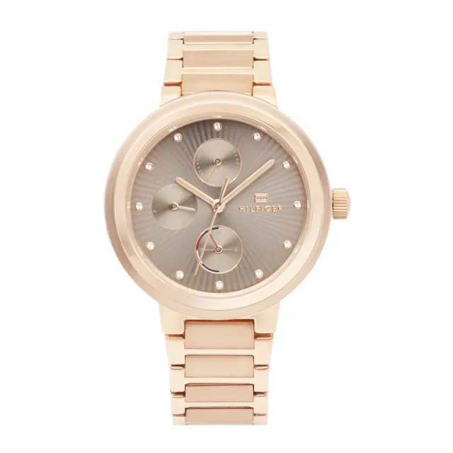 【TOMMY HILFIGER】玫瑰金框 灰面 水鑽刻度 三眼日期顯示 不鏽鋼錶帶 31mm 女錶 手錶 母親節(1782533 ...