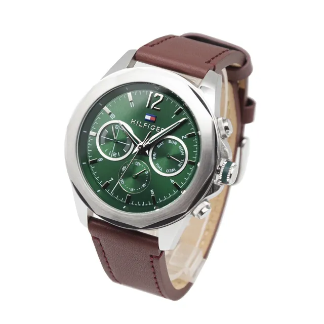 【TOMMY HILFIGER】綠面 銀框 三眼日期顯示 紅棕色皮革錶帶 46mm 男錶 石英錶 雙11(1792064)