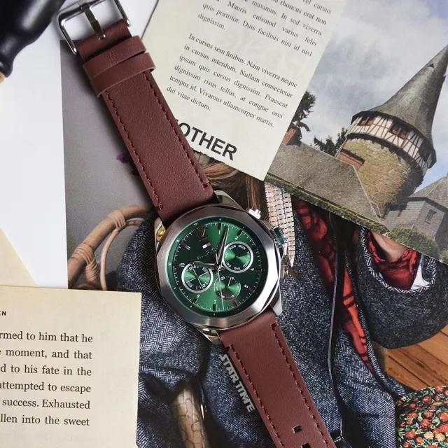 【TOMMY HILFIGER】綠面 銀框 三眼日期顯示 紅棕色皮革錶帶 46mm 男錶 石英錶 雙11(1792064)