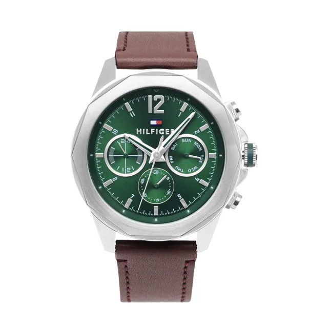 【TOMMY HILFIGER】綠面 銀框 三眼日期顯示 紅棕色皮革錶帶 46mm 男錶 石英錶 雙11(1792064)