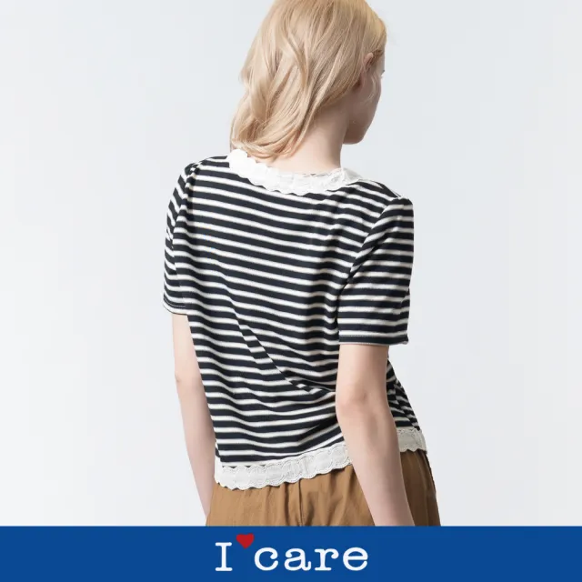【I’Care 依卡】現貨-蕾絲橫紋珍珠釦針織上衣（M-L）｜女休閒上衣 女針織衫 女短袖上衣(607-16401)