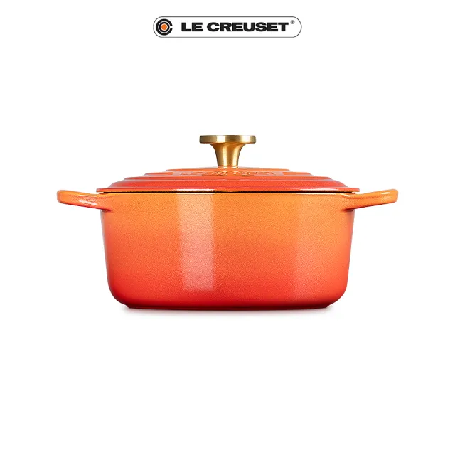 Le Creuset】典藏琺瑯鑄鐵鍋圓鍋24 cm(流金火焰橘-百年限定淡金頭-內鍋