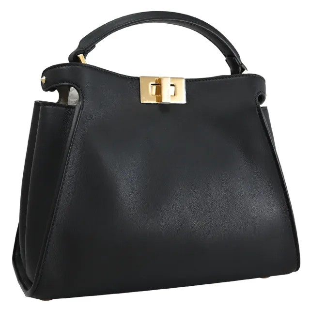 【FENDI 芬迪】Peekaboo 簡約品牌經典小牛皮雙層單柄手提秀包兩用包(黑)【entrupy安心購】