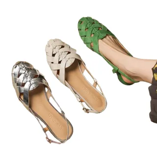 【JP Queen New York】復古文藝編織包頭平底後空真牛皮涼鞋(3色可選)