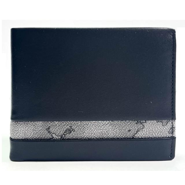 【Alviero Martini】義大利地圖包 旅行系列 男用小牛皮12卡短夾 皮夾(黑x地圖灰)