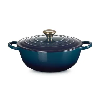 【Le Creuset】典藏琺瑯鑄鐵鍋媽咪鍋26cm(極光午夜藍-淡金頭)