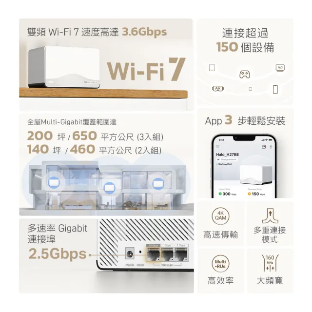 【Mercusys 水星】WiFi 7 BE3600 雙頻 2.5G 真 Mesh 無線路由器 分享器(支援AI筆電/Halo H27BE 二入組)