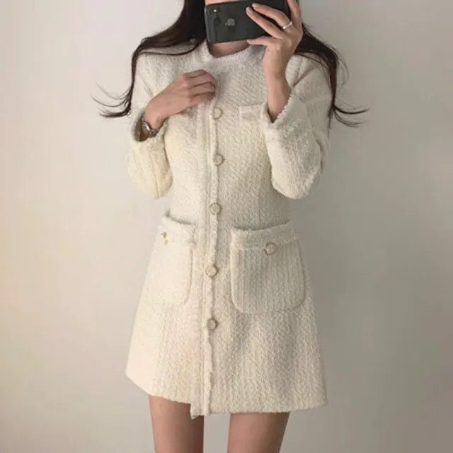 【baibeauty 白鳥麗子】法式毛呢拼接流蘇單排扣長袖洋裝(連身裙)