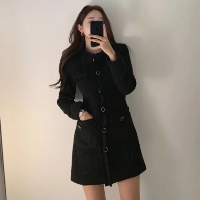 【baibeauty 白鳥麗子】法式毛呢拼接流蘇單排扣長袖洋裝(連身裙)