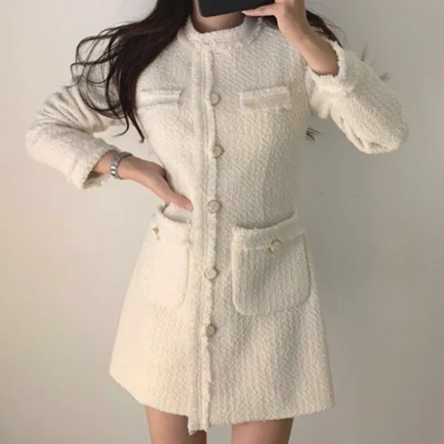 【baibeauty 白鳥麗子】法式毛呢拼接流蘇單排扣長袖洋裝(連身裙)