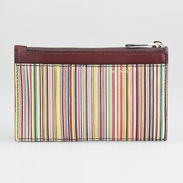 【Paul Smith】PAUL SMITH燙金簽名LOGO小牛皮拼小羊皮4卡拉鍊零錢卡包(酒紅x彩條紋)