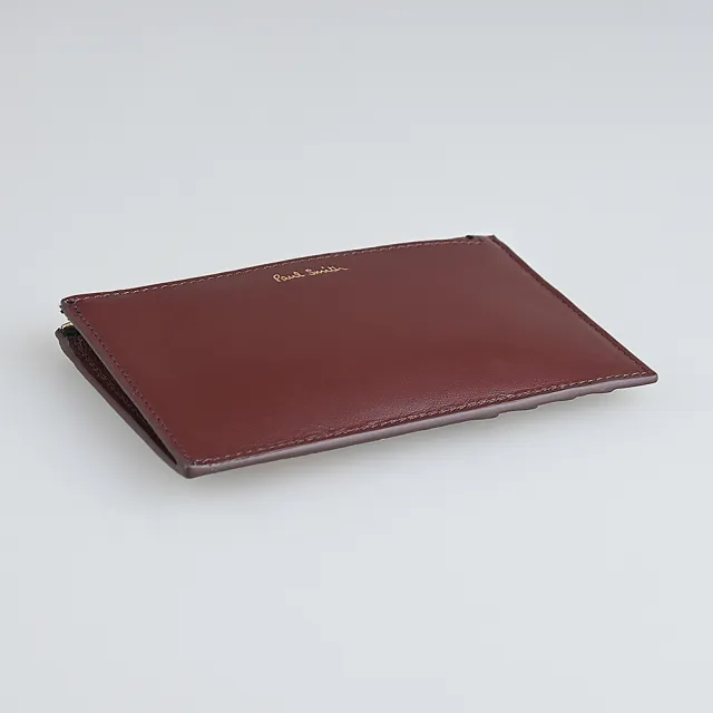 【Paul Smith】PAUL SMITH燙金簽名LOGO小牛皮拼小羊皮4卡拉鍊零錢卡包(酒紅x彩條紋)