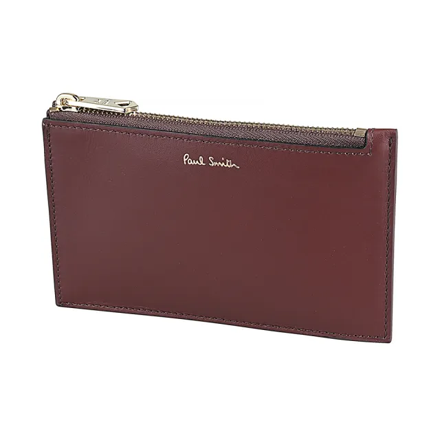 【Paul Smith】PAUL SMITH燙金簽名LOGO小牛皮拼小羊皮4卡拉鍊零錢卡包(酒紅x彩條紋)