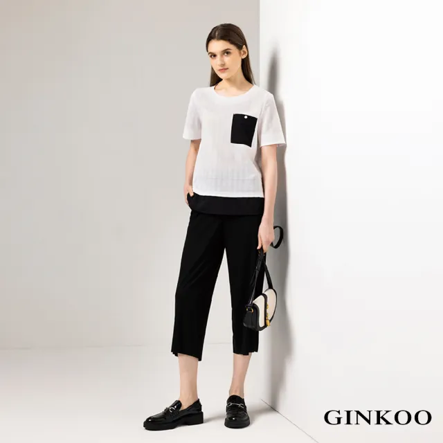 【GINKOO 俊克】假兩件雙色圓領上衣