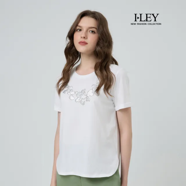 【ILEY 伊蕾】珠鍊亮片圖案短袖棉質上衣(白；M-XL；1252511215)