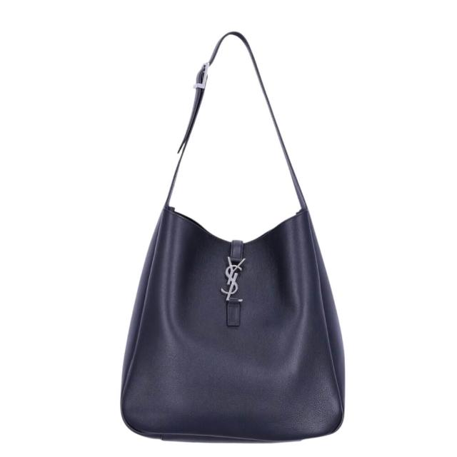【YSL】SAINT LAURENT LE 5 A 7 Large Hobo 大款 粒面牛皮 肩背包 銀扣 黑色 753837『entrupy安心購』