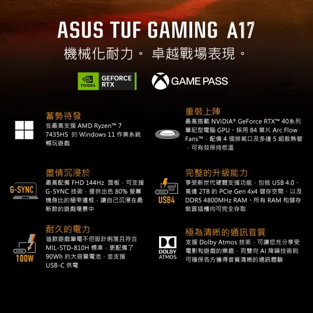 【ASUS 華碩】升級附1TB組★17.3吋R7 RTX4050電競筆電(FA707NUR-0022B7435HS/R7-7435HS/16G/512G/W11)