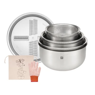 【ZWILLING 德國雙人】Prep不鏽鋼多功能瀝水刨絲調理盆7件組16/20/24cm附包/手套(德國雙人牌集團官方直營)
