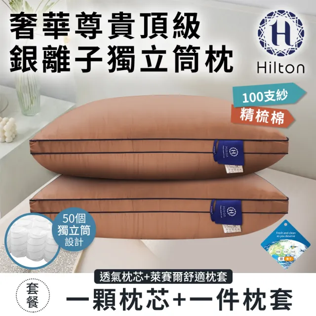 【Hilton 希爾頓】奢華尊貴頂級銀離子純萊賽爾100支紗獨立筒枕/二入組/二色任選(枕芯x2+枕套x2/枕頭)