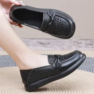 【Vecchio】真皮樂福鞋 平底樂福鞋/真皮頭層牛皮菱格沖孔蝴蝶結兩穿法設計平底樂福鞋(黑)