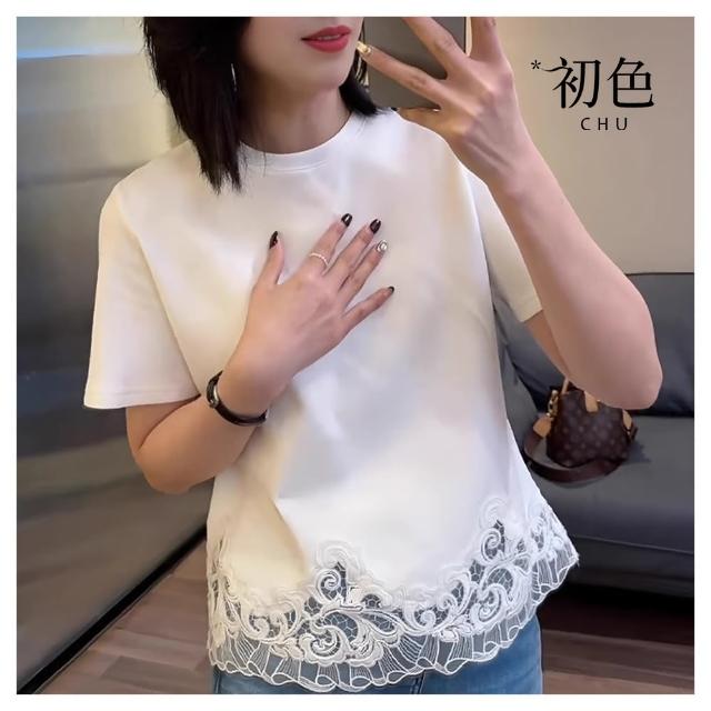 【初色】法式鏤空蕾絲圓領短袖T恤上衣女上衣-白色-11728(M-2XL可選)