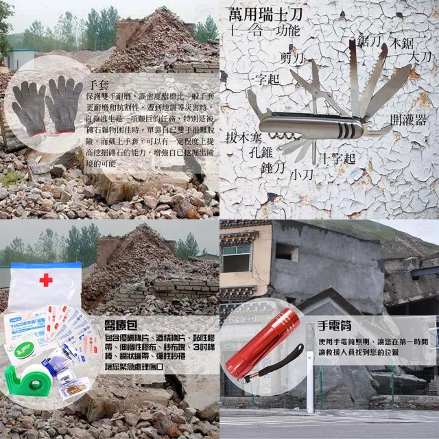 【金德恩】9合1急救避難包 戰爭包 地震防災包(背包 保暖毯 瑞士刀 收音機 警報器 手電筒 雨衣 手套 哨子)