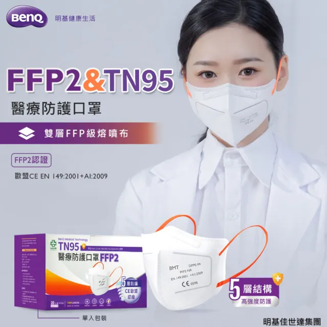 【BenQHealth 明基健康生活】FFP2怡安TN95醫療防護口罩 20入/盒(N95等級 單片包裝)