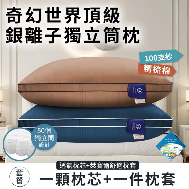 【Hilton 希爾頓】奇幻世界頂級銀離子純萊賽爾100支紗獨立筒枕/二入組/二色任選(枕芯x2+枕套x2/枕頭)