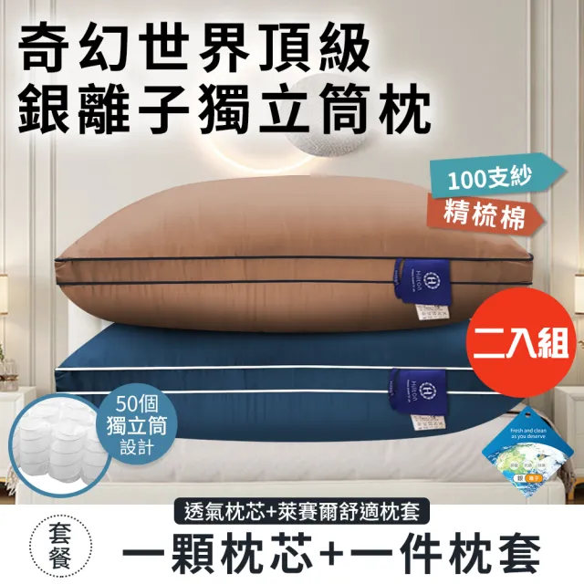 【Hilton 希爾頓】奇幻世界頂級銀離子純萊賽爾100支紗獨立筒枕/二入組/二色任選(枕芯x2+枕套x2/枕頭)