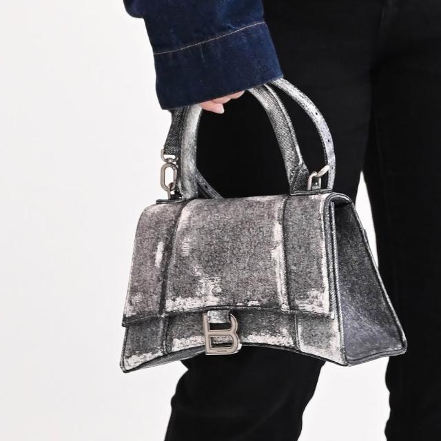 【Balenciaga 巴黎世家】Hourglass 品牌B字LOGO刷舊手提包沙漏包兩用包(黑白)