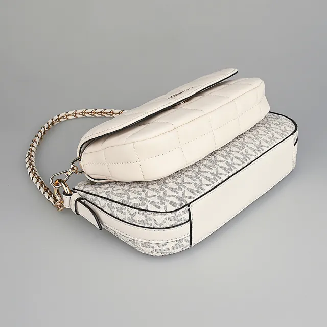 【Michael Kors】MICHAEL KORS 經典LOGO四合一PVC搭縫線牛皮拉鍊釦式手提斜背包(香草白x米白)