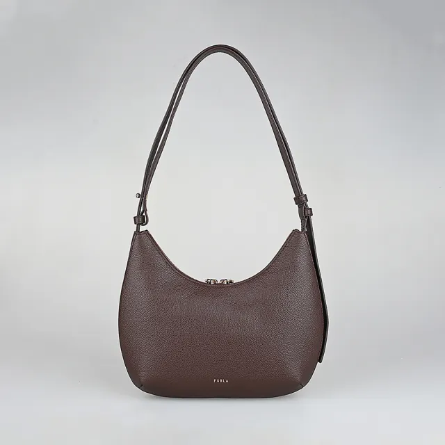 【FURLA 芙拉】FURLA GOCCIA 燙印LOGO小牛皮搭金屬圓柱拉鍊斜背包(巧克力棕)