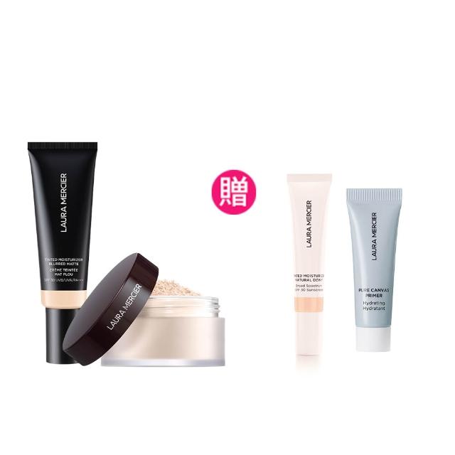 【LAURA MERCIER 蘿拉蜜思】夏日抗汗!超持妝控油組(煥顏透明蜜粉29g+柔焦光感保濕潤色霜45ml)
