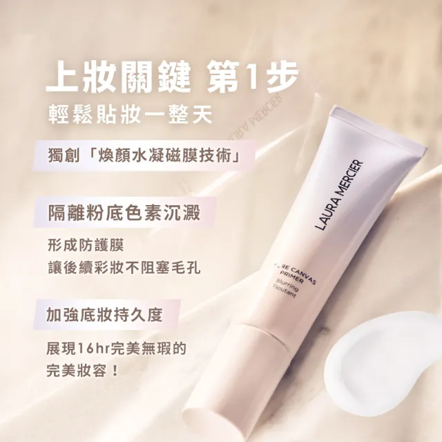 【LAURA MERCIER 蘿拉蜜思】柔霧貼妝組(煥顏透明柔霧蜜粉餅 6.5g + 煥顏持妝凝露 30ml)