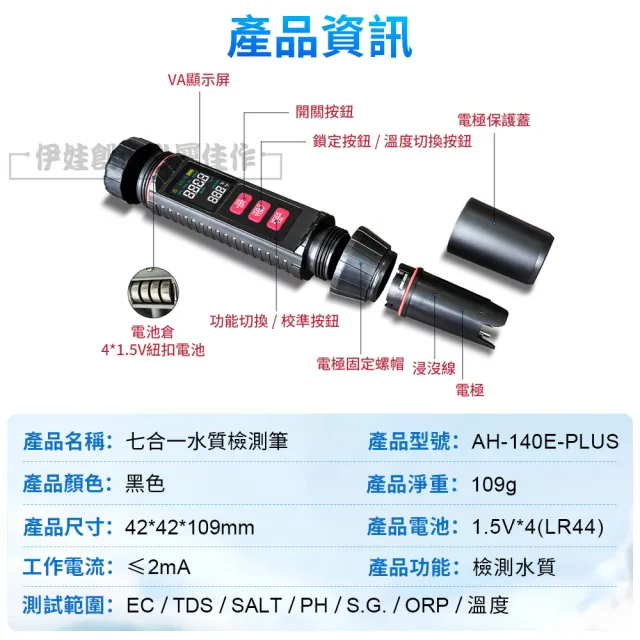 【IDREES 伊德萊斯】七合一水質檢測筆 PH值酸堿度測試儀 PH/EC/TDS/SALT/ORP/S.G./溫度(水質檢測器)