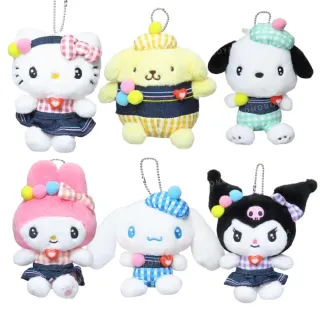 【小禮堂】雙11 Sanrio 三麗鷗 絨毛玩偶吊飾 牛仔格紋款 Kitty 酷洛米 美樂蒂(平輸品)