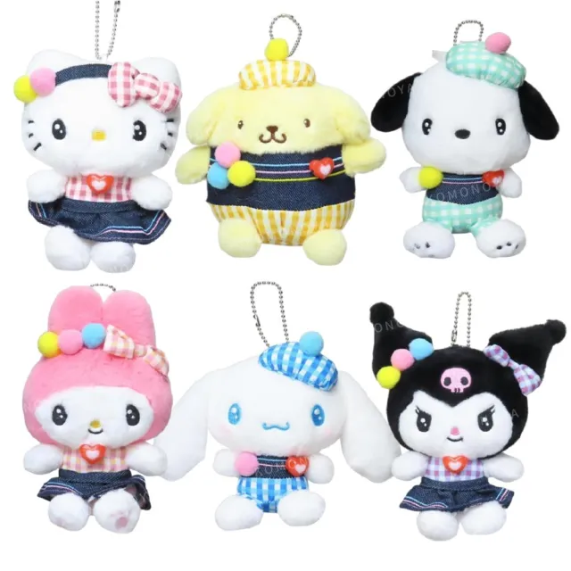 【小禮堂】雙11 Sanrio 三麗鷗 絨毛玩偶吊飾 牛仔格紋款 Kitty 酷洛米 美樂蒂(平輸品)
