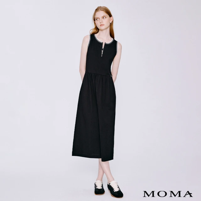【MOMA】撞色慵懶感半開襟Logo長洋裝(黑色)