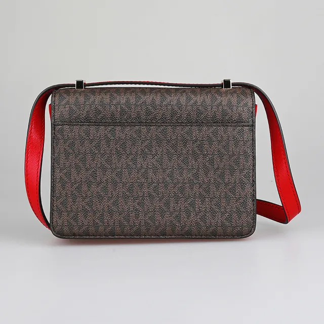 【Michael Kors】MICHAEL KORS Hendrix印花塗層帆布璇釦式三層風琴斜背包(超小號/深褐x紅)