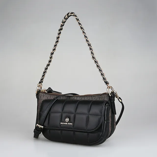 【Michael Kors】MICHAEL KORS 經典LOGO四合一PVC搭縫線牛皮拉鍊釦式手提斜背包(深褐x黑)