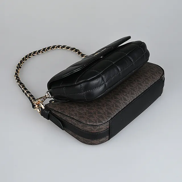 【Michael Kors】MICHAEL KORS 經典LOGO四合一PVC搭縫線牛皮拉鍊釦式手提斜背包(深褐x黑)