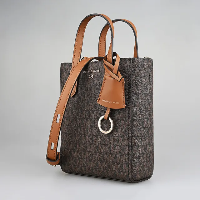 【Michael Kors】MICHAEL KORS Sinclair 塗層帆布吸釦式手提斜背包(超小號/深褐x橡子棕)