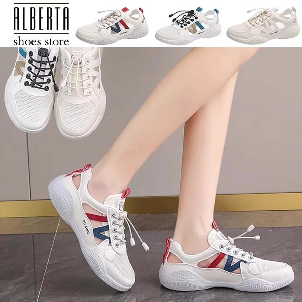 Alberta涼鞋 Alberta跟高4.5cm 運動休閒涼鞋 小白鞋 免綁鞋帶 鏤空洞洞透氣網面厚底鞋 3色