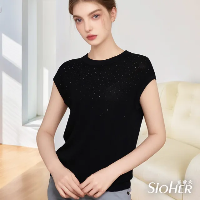 【SiOHER 熹歐禾】現貨 輕涼緹花燙鑽針織套三件組(女裝/女上衣/套裝/背心/針織衫)