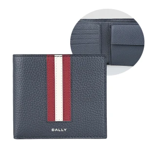 【BALLY】BALLY Ribbon內裡壓印LOGO荔枝紋小牛皮紅白紅嵌花8卡對開式零錢短夾(男款/午夜藍)