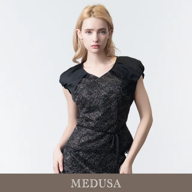 【MEDUSA 曼度莎】現貨-夜語金絲緹花泡泡袖蕾絲上衣（M-XL）｜女上衣 宴會禮服 蕾絲緹花(605-5360A)