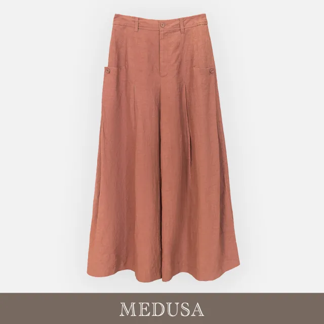 【MEDUSA 曼度莎】現貨-亞麻寬版翻摺口袋長寬褲（M-L）｜女休閒褲 涼感長褲 顯瘦寬褲(601-74802)