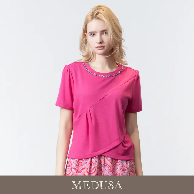 【MEDUSA 曼度莎】現貨-桃粉造型壓褶嫘縈切接上衣（M-XL）｜女休閒上衣 涼感嫘縈 短袖上衣(601-5190A)