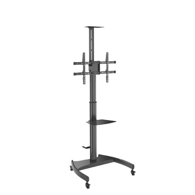 Happytech ST764W-V1 立架式電視壁架採用輕量化設計，重量僅46-50kg，適合39型、40型、42型、43型、45型、48型、49型、50型、52型、55型、58型、60型、65型、70型尺寸電視使用。黑色外觀穩固耐用，提供1年保固（不含零件及消耗品），保固內容依原廠規範，是居家辦公理想選擇。